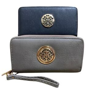Dasein Zip Around Wallet Wristlet Purse Clutch 2-for-1 Pair Gray & Black Emblem